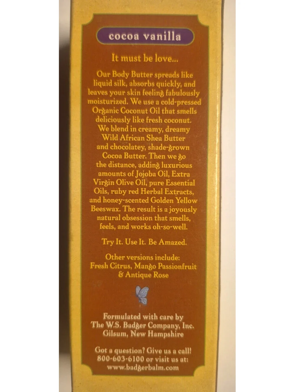 Badger Cocoa Vanilla Body Butter - wild African Shea Butter - 1.7 oz tube